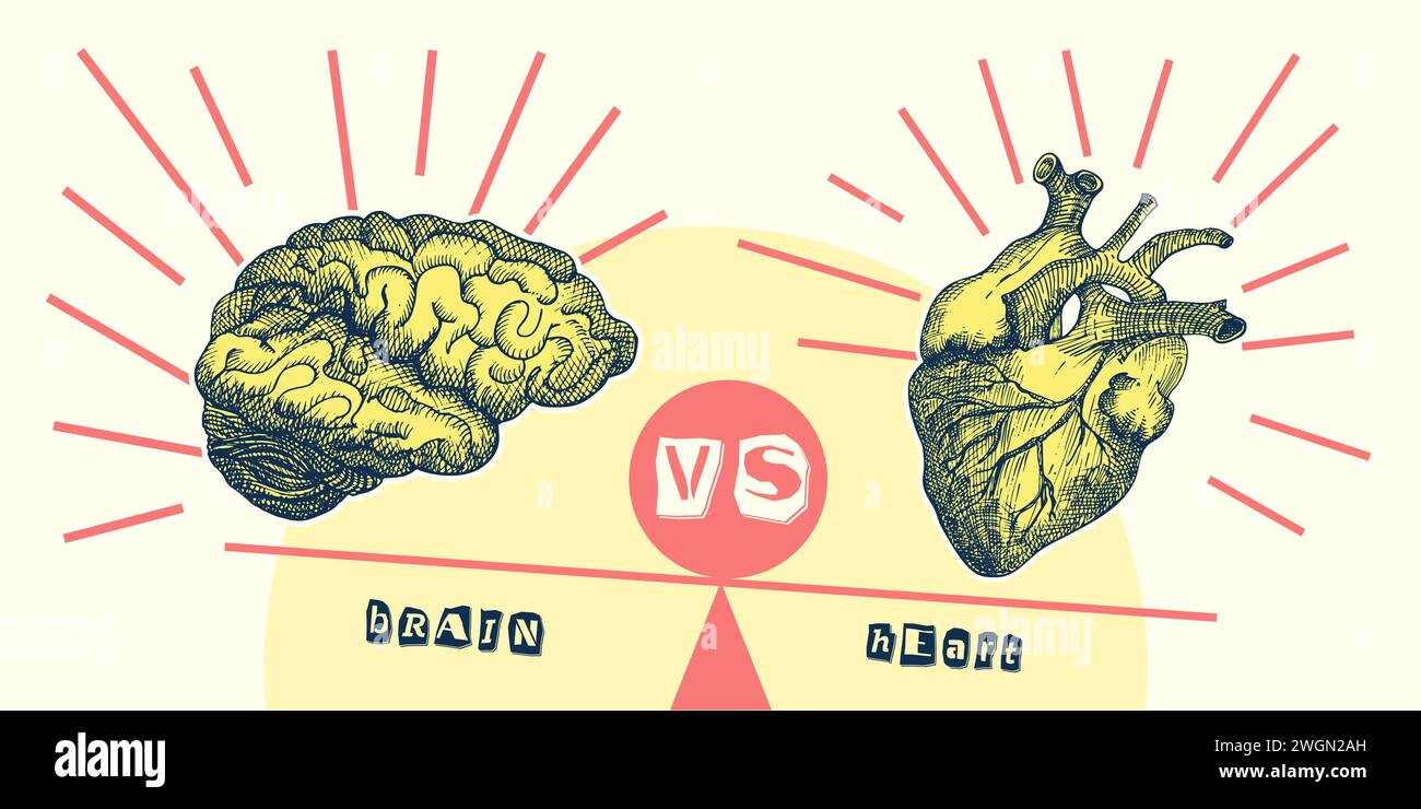 Concept Heart vs. Brain. Collage-Poster im Vintage-Design. Symbole für psychische Gesundheit und emotionales Wohlbefinden. Mind-Heart Balance handgezeichnete Grafik. Halb Stock Vektor