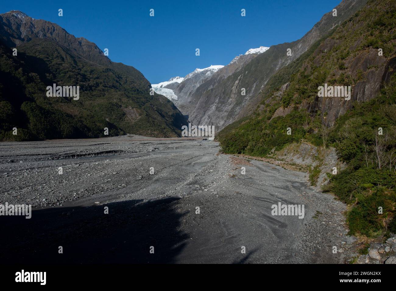 Hochwasserebene und Franz Josef Gletscher, Franz Josef Gletscher Walk, in der Nähe von Whataroa, Westland Tai Poutini Nationalpark, Westküste Region, Südinsel, Neu Stockfoto