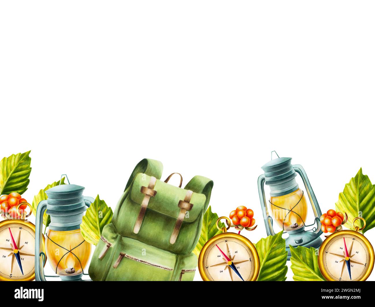 Aquarellrahmen, Banner mit Wanderungen, Campingrucksack, goldener Vintage-Kompass, Wolkenbeere, Herbstblätter und Öl-Kerosin-Lant Stockfoto