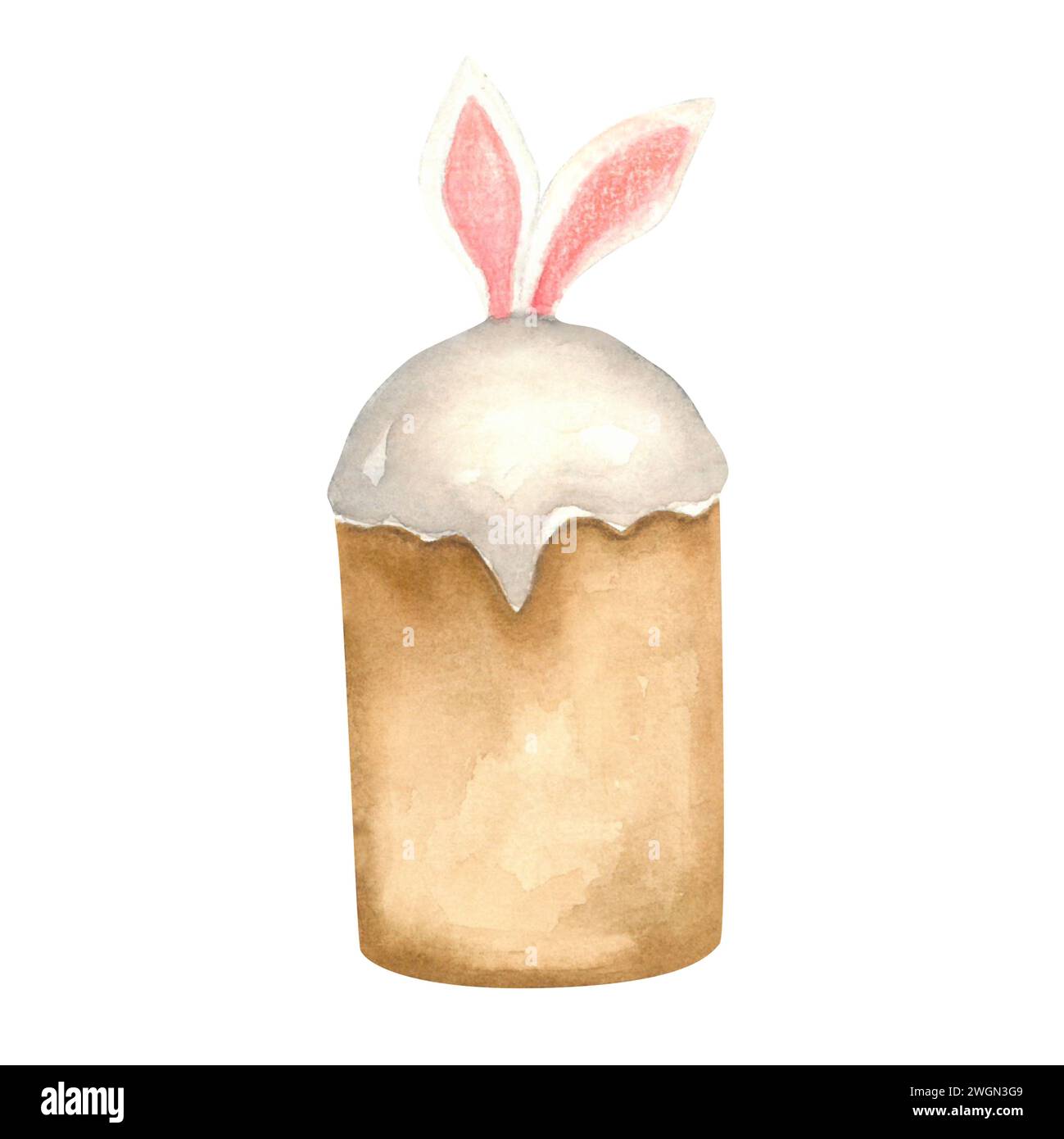 Osterkuchen mit Hasenohren. Aquarellabbildung ist handgezeichnet auf weißem Hintergrund. Für Textildesign und Souvenirs Stockfoto