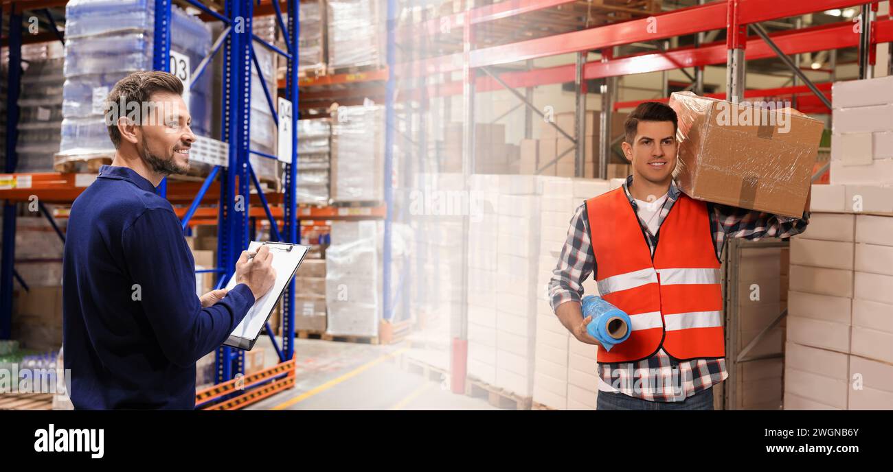 Verteilung. Glücklicher Manager und Mitarbeiter im Lager, doppelte Exposition. Bannerdesign Stockfoto