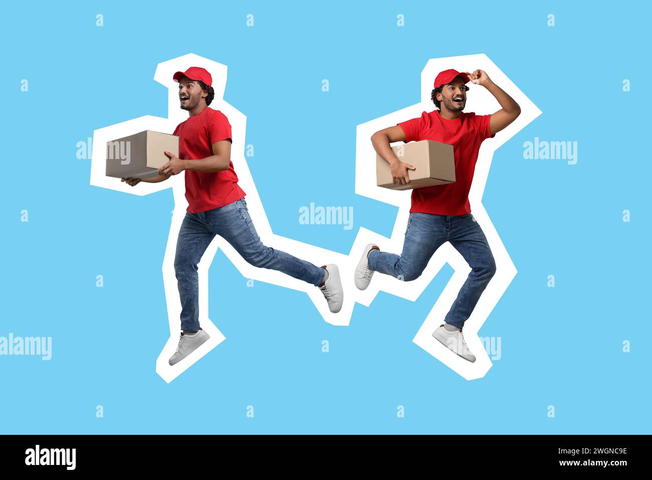 Überraschter Kurier mit Paketen auf hellblauem Hintergrund Stockfoto