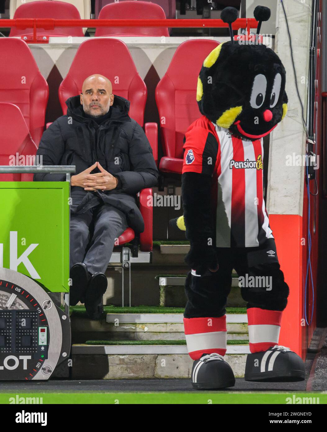 London, Großbritannien. Februar 2024 - Brentford gegen Manchester City - Premier League - Gtech Community Stadium. Manchester City Manager PEP Guardiola und das Brentford Maskottchen Buzz Bee vor dem Auftakt gegen Brentford. Bildnachweis: Mark Pain / Alamy Live News Stockfoto