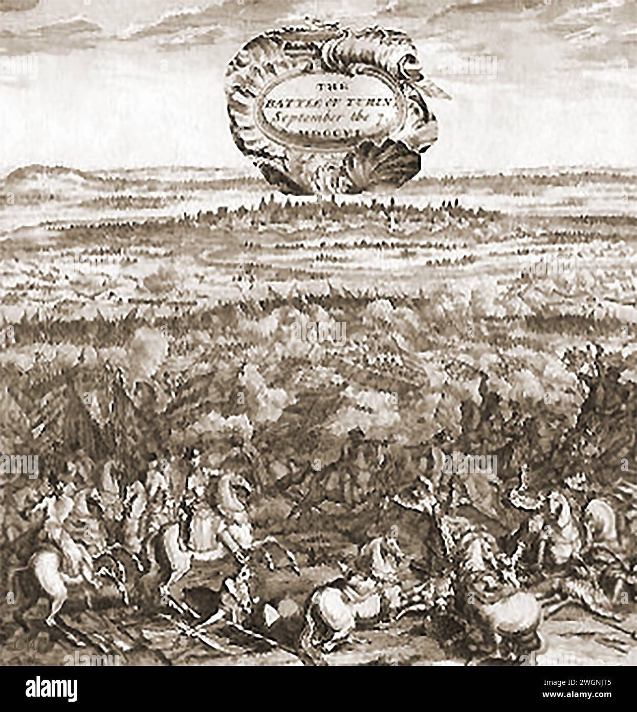 Ein Stich aus dem frühen 18. Jahrhundert, der die Schlacht von Turin zeigt - Una delle Prime incisioni secolo - mostra la battaglia di Torino del XVIII Stockfoto