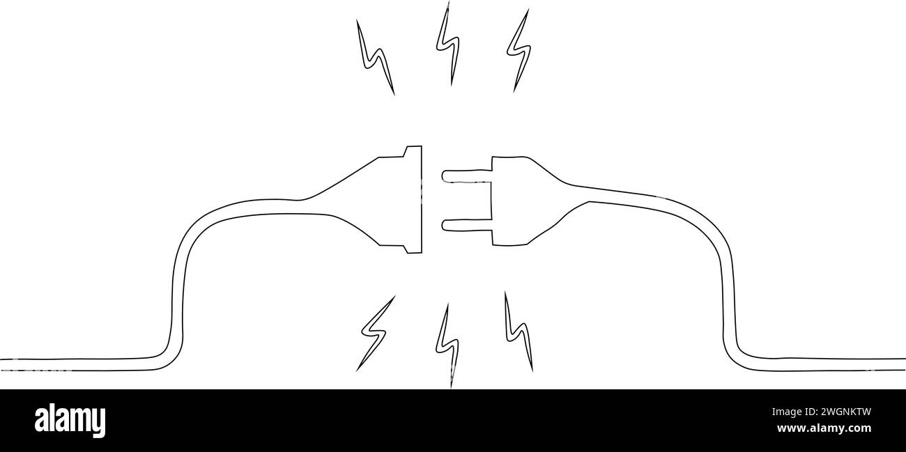 Eine durchgehende Linienzeichnung für das Einstecken des Steckers in die Steckdose. Trennung der Steckdose in einfacher linearer Ausführung. Stock Vektor