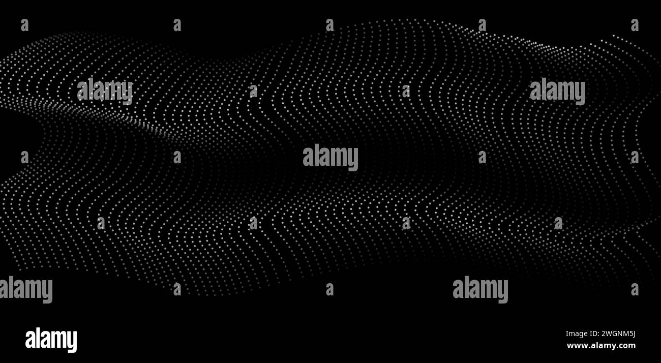 Fließende Punktpartikel Wellen 3D-Kurvenmuster blaues und grünes Verlaufslicht auf schwarzem Hintergrund. Stock Vektor