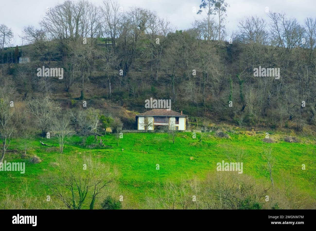 Ländliche Asturien, Spanien, Gebäude Außenarchitektur in einer Landschaft Stockfoto
