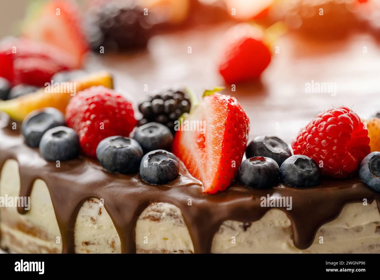 Schließen Sie den Schokoladenkuchen mit Beeren Stockfoto