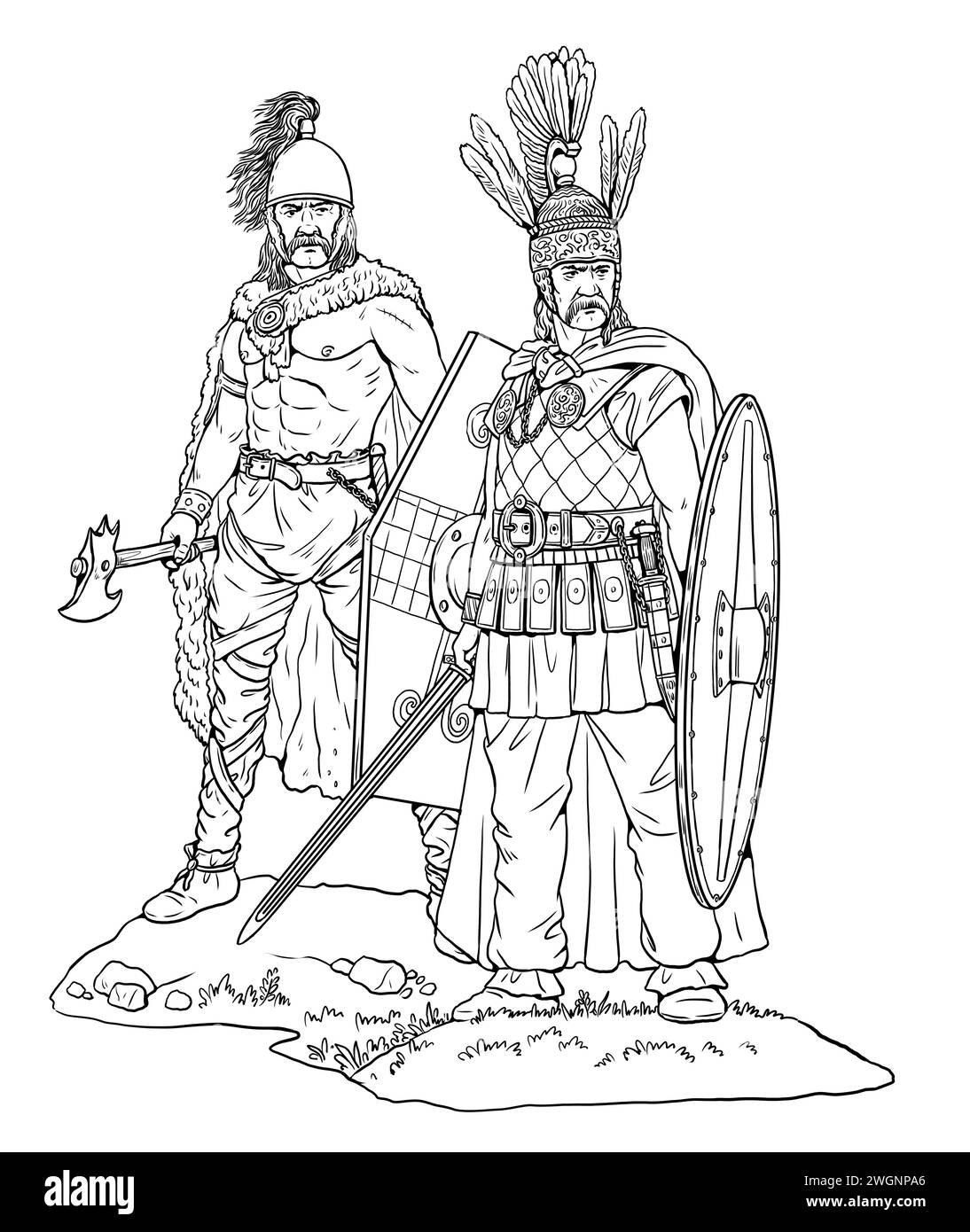Gallische und keltische Krieger. Alte Soldaten zeichnen. Stockfoto