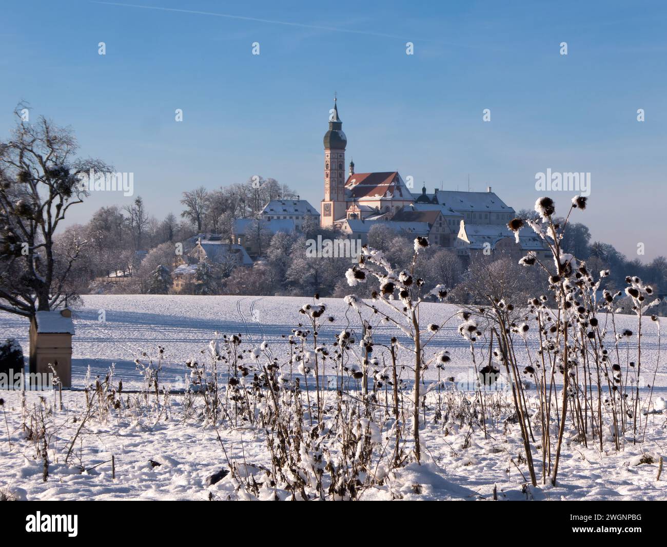 Das bayerische Kloster Andechs im Winter Stockfoto