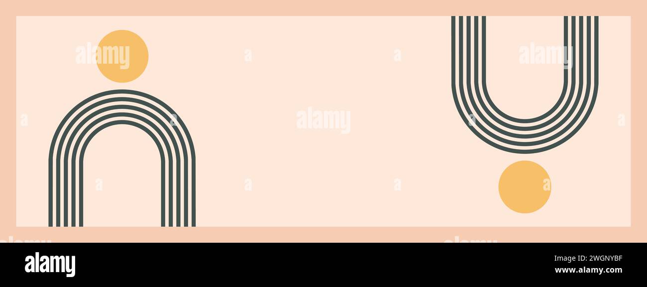 Minimalistische geometrische Zen-Bogen-Bannervorlage. Abstrakte Boho-Formen in Retro-Ästhetik für vielseitige Designanwendungen. Vektorkonzeptkonstruktion. Stock Vektor
