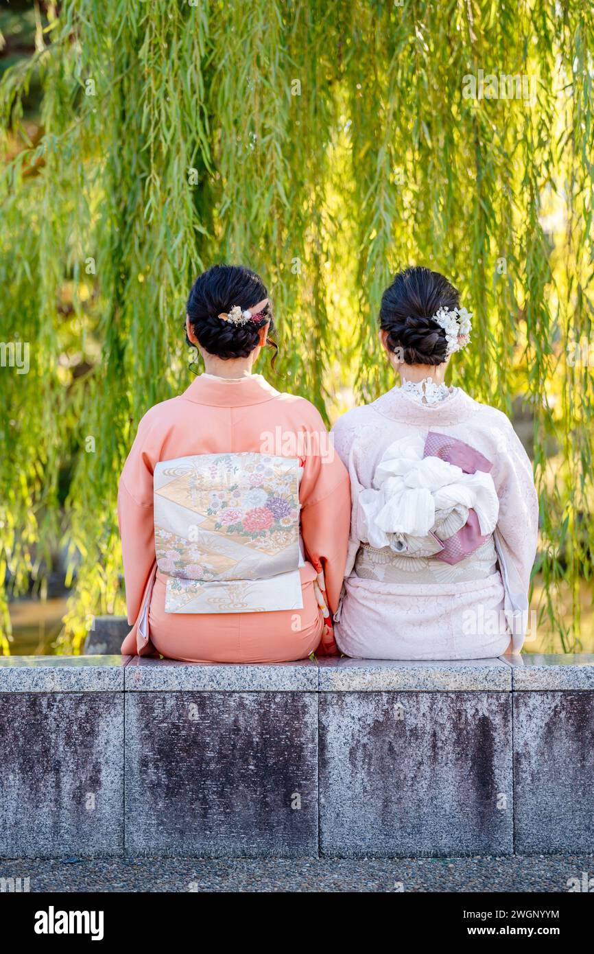Zwei junge Frauen tragen traditionellen japanischen Kimono, Rückansicht. Kyoto, Japan. Stockfoto