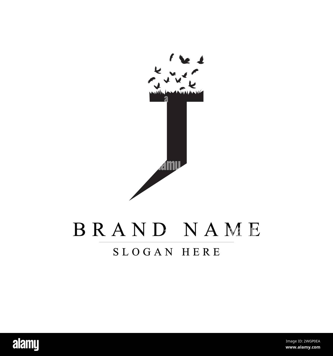 J Logobuchstabe mit Vogelschar, die vom Buchstaben ablöst, J-Logodesign Stock Vektor