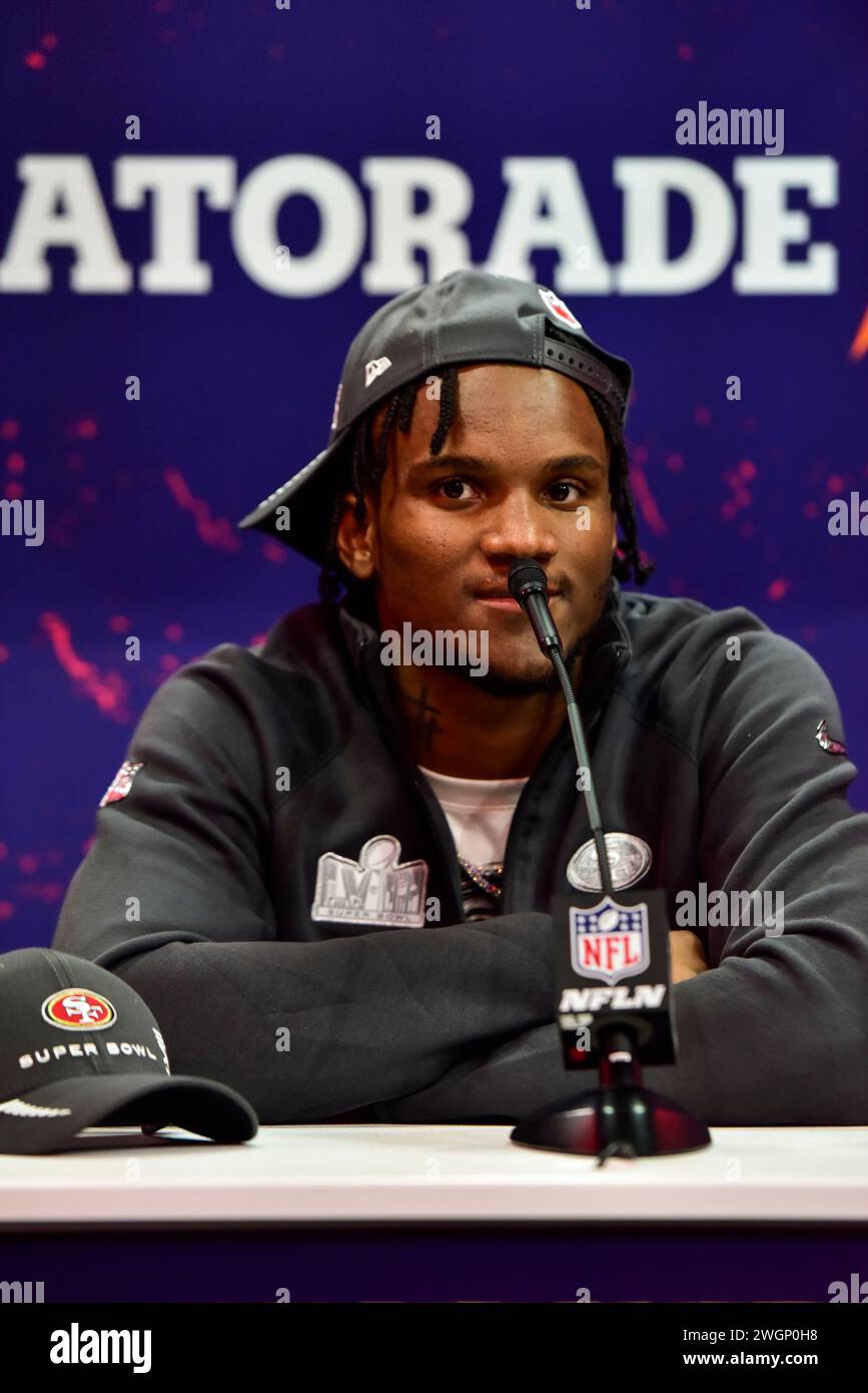 Las Vegas, Nevada, USA, 5. Februar 2024 - Charvarius Ward Cornerback für die San Francisco 49ers beim NFL Super Bowl LVIII Opening Night im Allegiant Stadium in Las Vegas, Nevada, USA. Quelle: Ken Howard/Alamy Live News Stockfoto