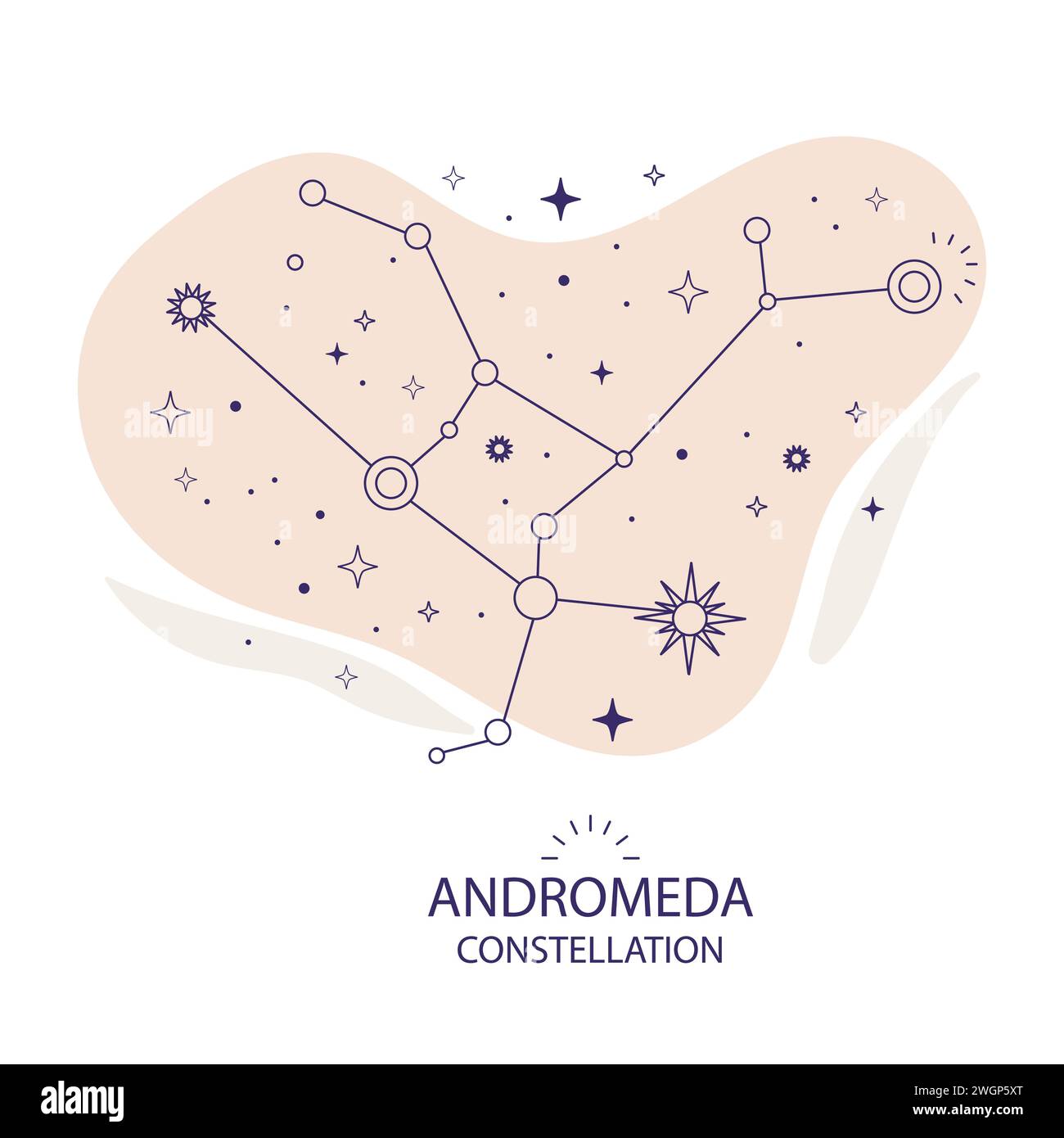 Andromeda-Sternenkonstellation auf weißem Hintergrund. Mystisches esoterisches Boho-Design für Stoffdesign, Tarot, Astrologie, Geschenkpapier. Vektorillu Stock Vektor