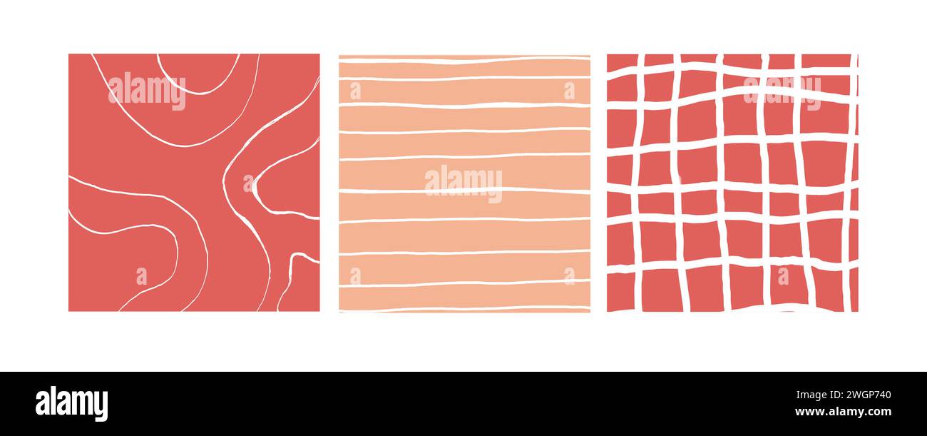 Einfache Geometrische, Handgezeichnete Unregelmäßige Muster. Farbige, karierte, einfache Zeichnung mit Texturen. Quadratisches Posterset. Stock Vektor