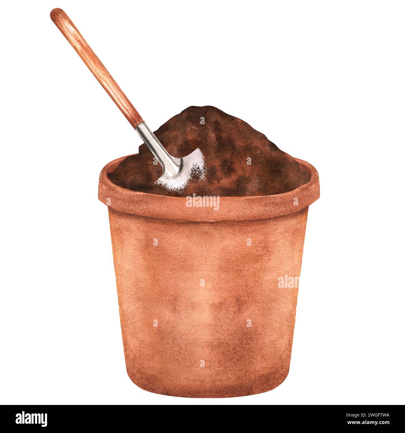 Handgezeichnete Aquarellillustration. Terrakotta-Blumentopf mit Erde und Schaufel Stockfoto