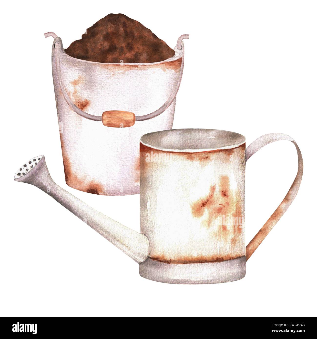 Handgezeichnete Aquarellillustration. Gießkanne mit Garteneimer voller Erde Stockfoto