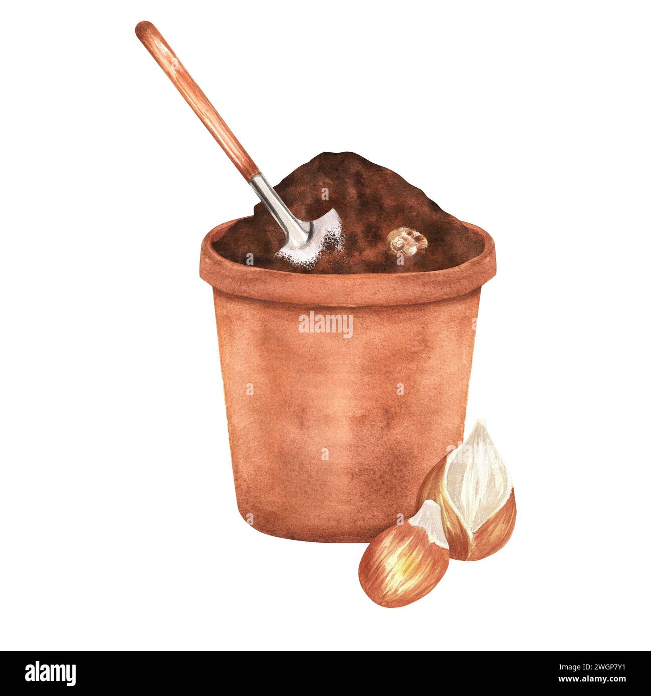 Handgezeichnete Aquarellillustration. Terrakotta-Blumentopf mit Boden, Schaufel und einigen Zwiebeln zum Pflanzen Stockfoto