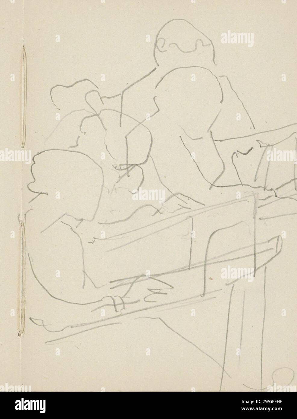 Vier Figuren in einer Zeichenklasse, 1906 - 1945 die Menschen stehen hintereinander hinter Zeichentischen. Seite 8 Recto aus einem Skizzenbuch mit 69 Blättern. Papier. Bleistiftzeichnung-Lektion Stockfoto