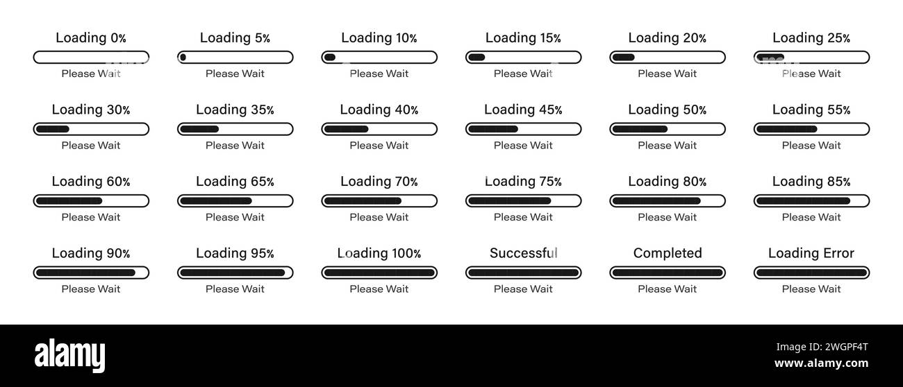 Schieberegler für Ladevorgang bitte warten 0-100% mit 5% Unterschied in der schwarzen Farbe. Infografik-Symbolsatz für die Auflageleiste 0%, 5%, 10%, 95%, 100%. Stock Vektor