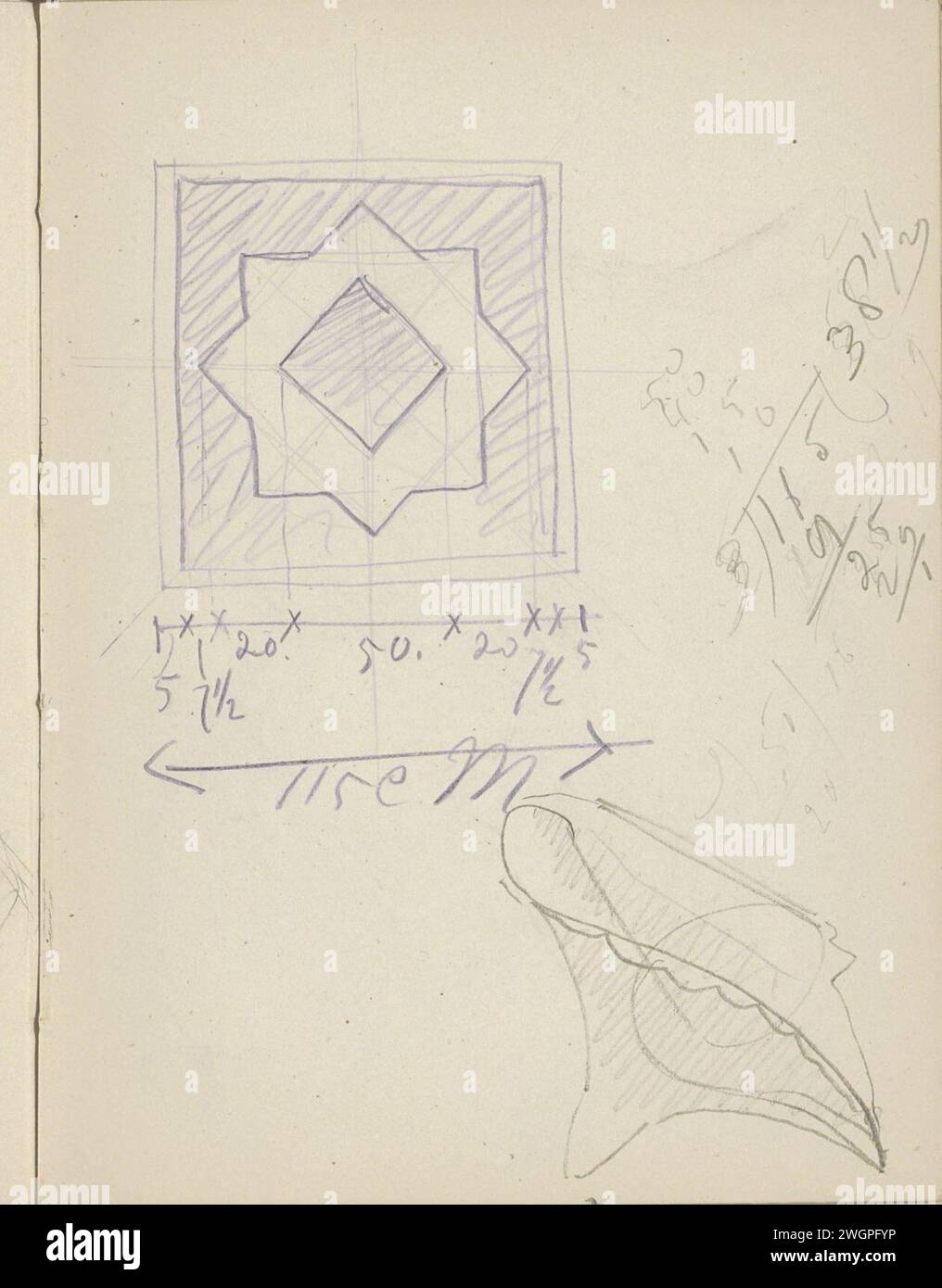 Ornament mit einem Stern in einem Rechteck, 1906 - 1945 auch eine Studie. Seite 66 Recto aus einem Skizzenbuch mit 69 Blättern. Papier. Bleistiftschmuck  Sternenformen Stockfoto