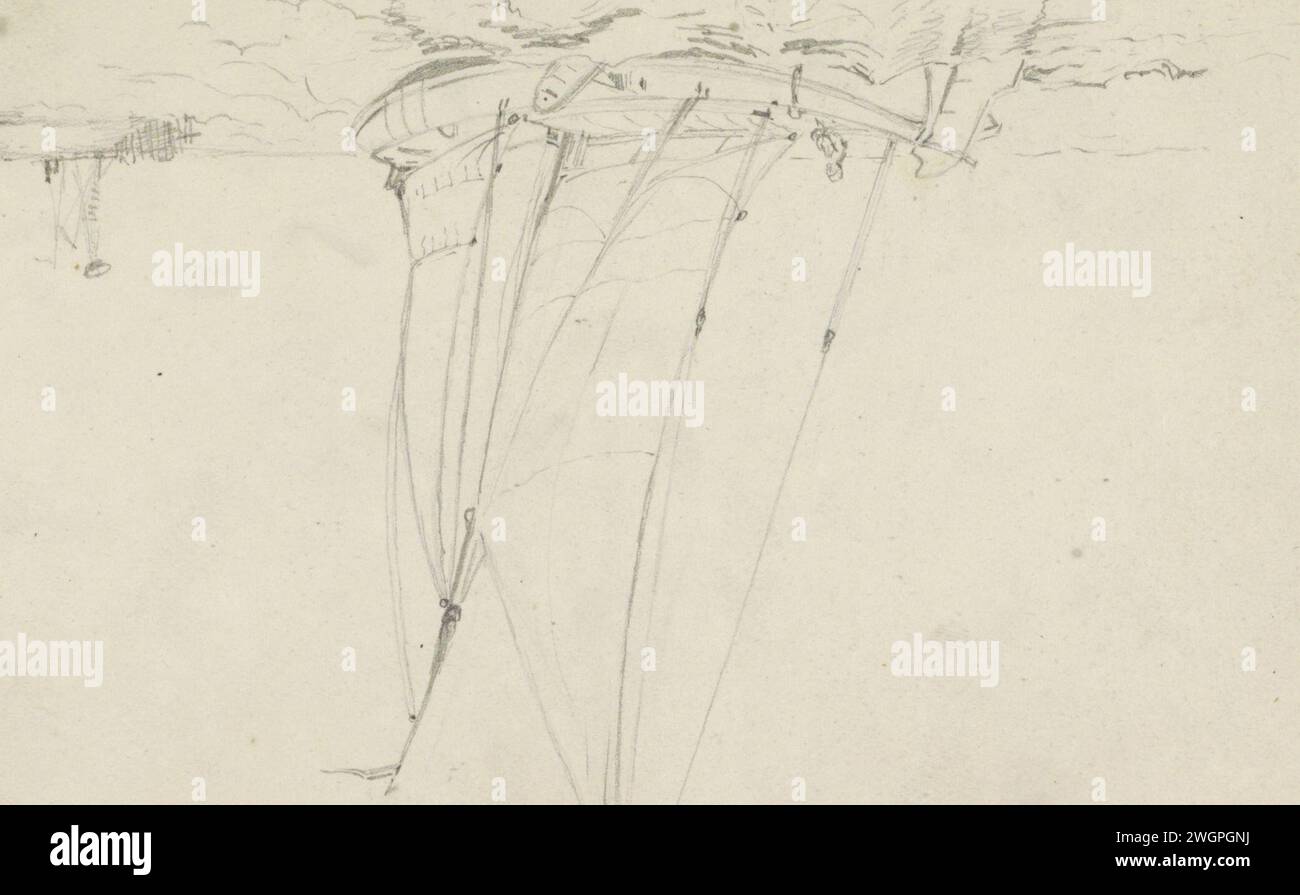 Segelschiffe auf offenem Wasser, Adrianus Everssen, ca. 1828 - 1897 vor einem Segelschiff auf offenem Wasser. Ein Mann bedient den Krawattenstab. Ein zweites Segelschiff in der Ferne. Seite 5 Recto aus einem Skizzenbuch mit 27 Magazinen. Niederlande Papier. Bleistift-Segelschiff, Segelboot Stockfoto