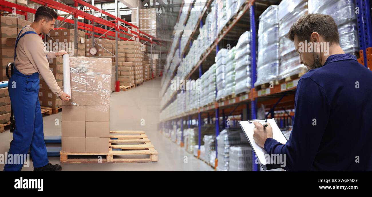 Verteilung. Glücklicher Manager und Mitarbeiter im Lager, doppelte Exposition. Bannerdesign Stockfoto