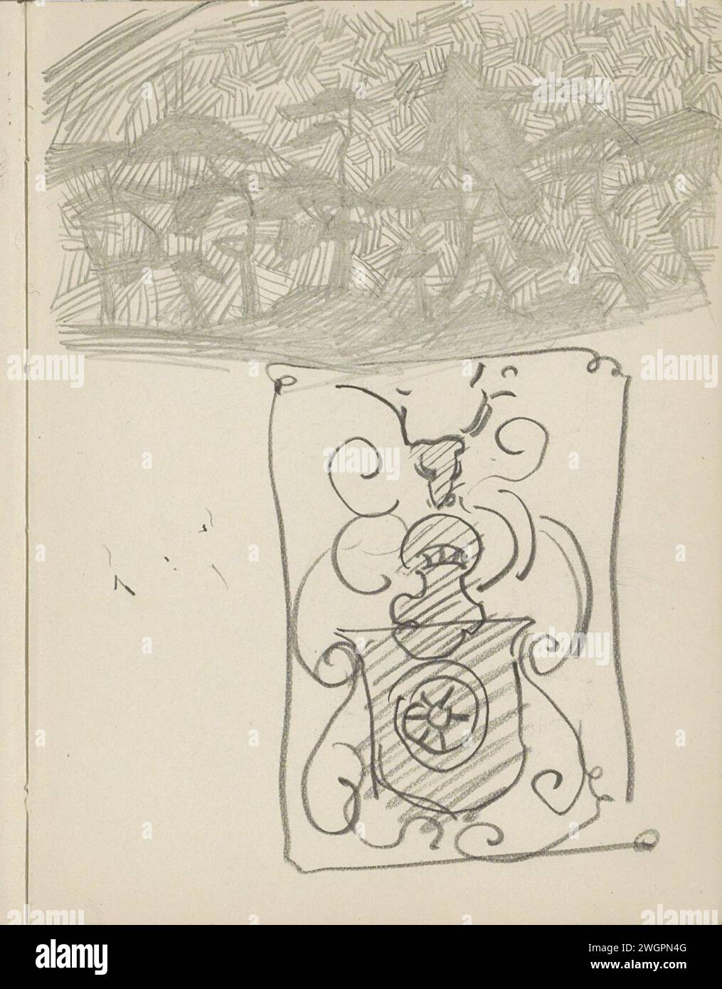 Landschaft mit Bäumen und einem Ornament, 1906 - 1945 Seite 18 Recto aus einem Skizzenbuch mit 69 Blättern. Papier. Bleistift. Kreidebäume. Ornamente  Kunst Stockfoto