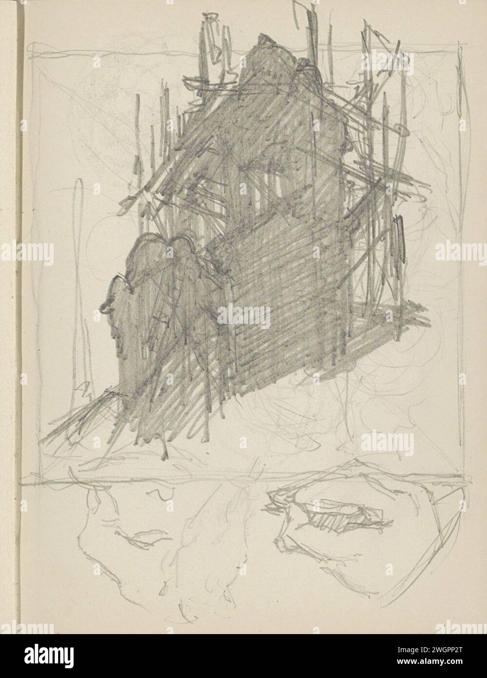 Turm im Gerüst, 1906 - 1945 auch Handstudien. Seite 58 Recto aus einem Skizzenbuch mit 69 Blättern. Papier. Bleistiftturm (Haus oder Gebäude). Gerüst ( Bauarbeiten). Hand Stockfoto