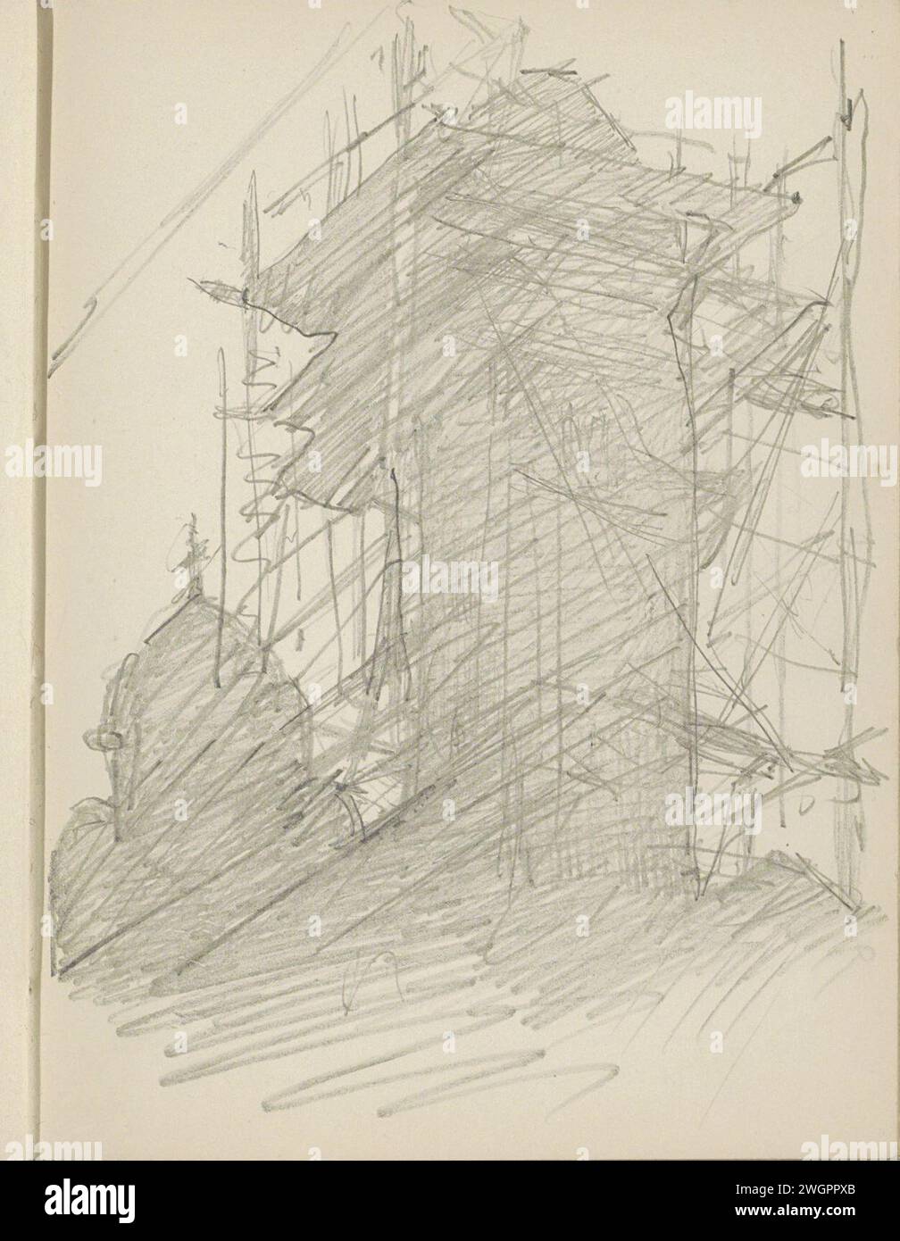 Turm im Gerüst, 1906 - 1945 Seite 59 Recto aus einem Skizzenbuch mit 69 Blättern. Papier. Bleistiftturm (Haus oder Gebäude). Gerüst ( Bauarbeiten) Stockfoto