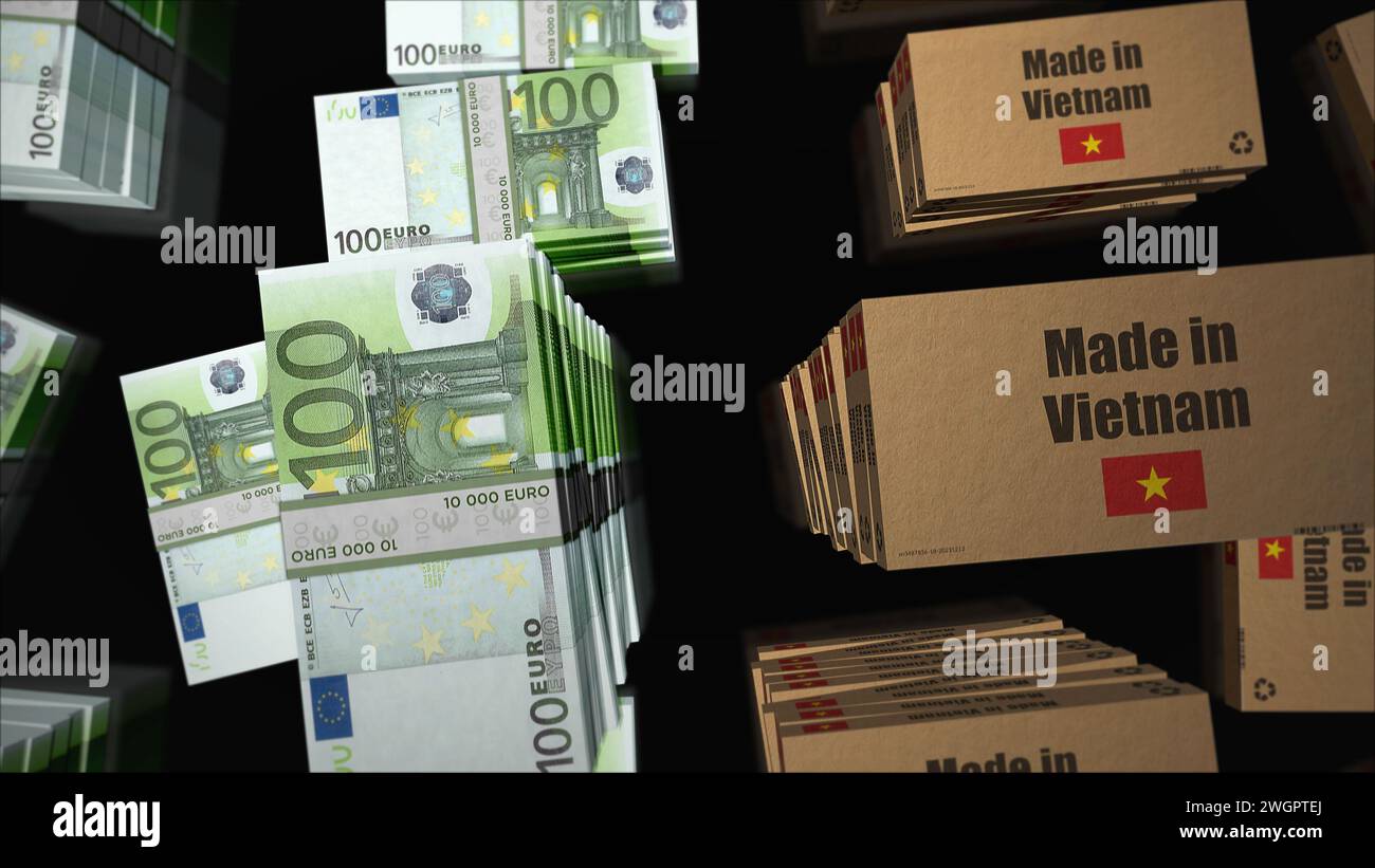 Made in Vietnam Box Line mit Euro Geld Bundle Stacks. Export, Handel, Lieferung, Produktion, Versand, Geschäft und Import. Abstraktes Konzept 3D-Illust Stockfoto