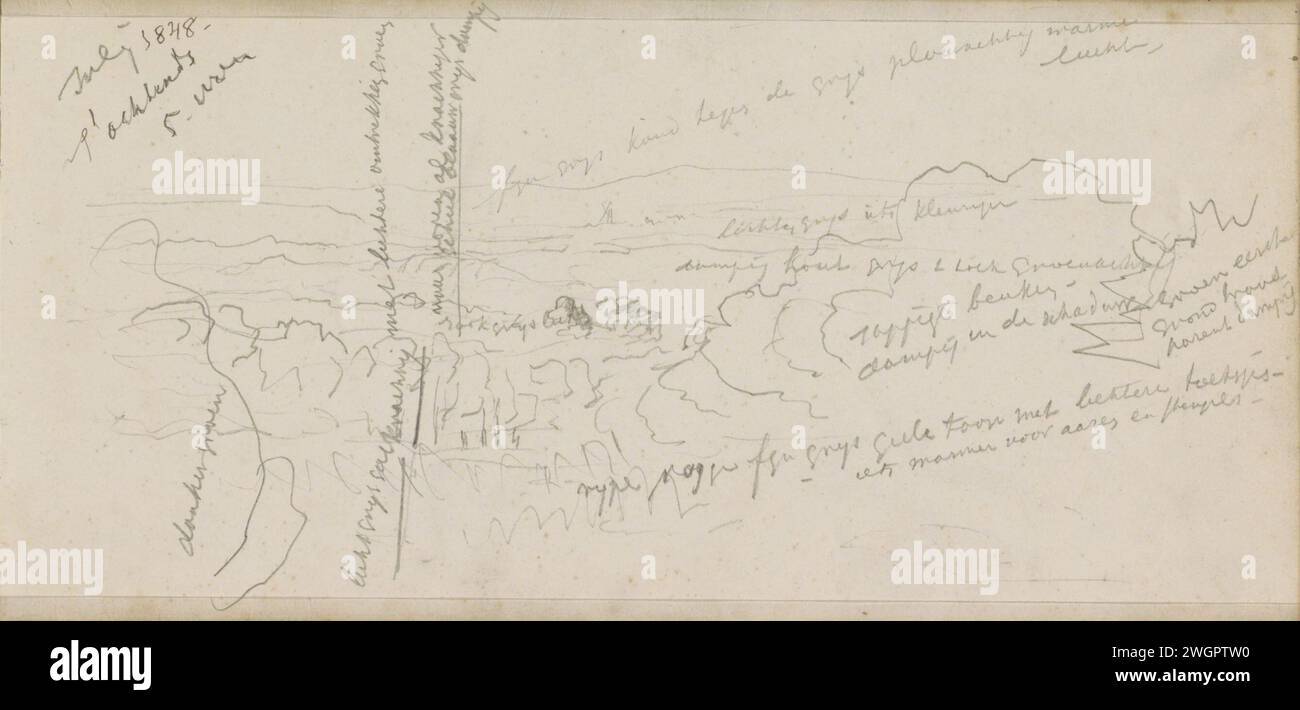 Hügelige Landschaft mit Bäumen, 1848 Seite 14 Recto aus einem Skizzenbuch mit 63 Blättern. Papier. Bleistiftlandschaften. Bäume. Low Hill Country Stockfoto
