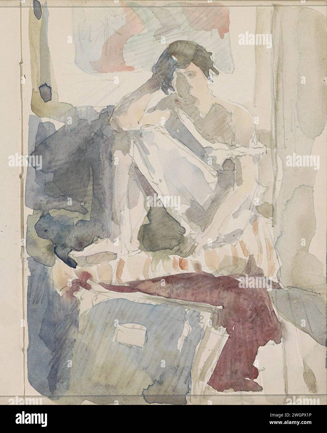 Sitzende Frau in einem Innenraum, ca. 1916 die Frau trägt ein Nachthemd und wird mit einem Bein hochgezogen, wobei ihr Ellbogen auf dem Knie liegt. Im Vordergrund befindet sich ein Ordner, möglicherweise ein Zeichnungsordner. Seite 63 Recto aus einem Skizzenbuch mit 72 Blättern. Papier. Bleistift. Aquarell (Farbe) Pinsel innen des Hauses. Sitzende Figur - AA - weibliche menschliche Figur Stockfoto