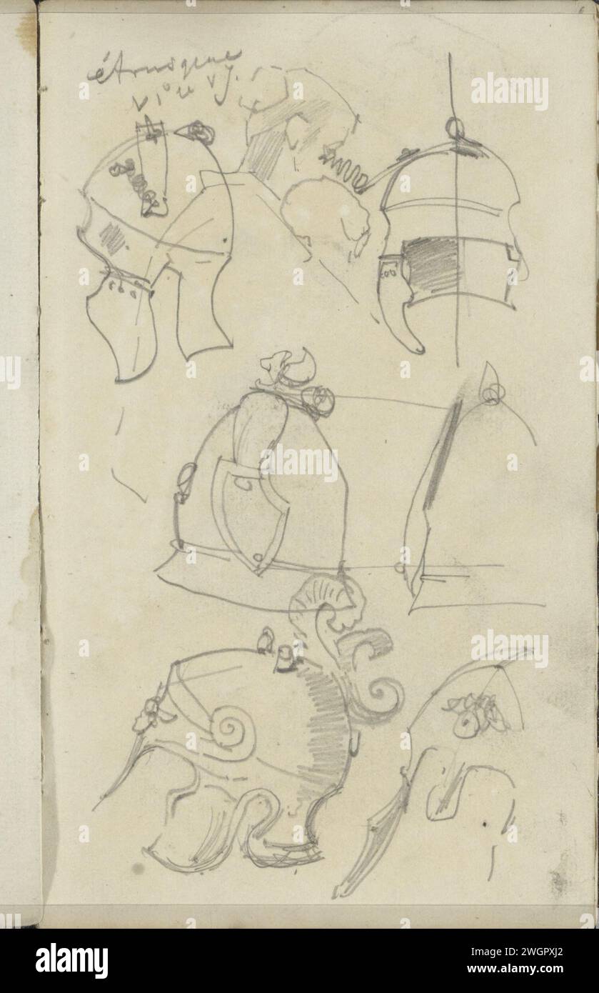 Etruskische Helme aus dem 6. Jahrhundert v. Chr., George Hendrik Breitner, 1880 - 1882 Seite 6 aus einem Skizzenbuch mit 25 Zeitschriften. Das Haager Papier. Bleistifthelm Stockfoto