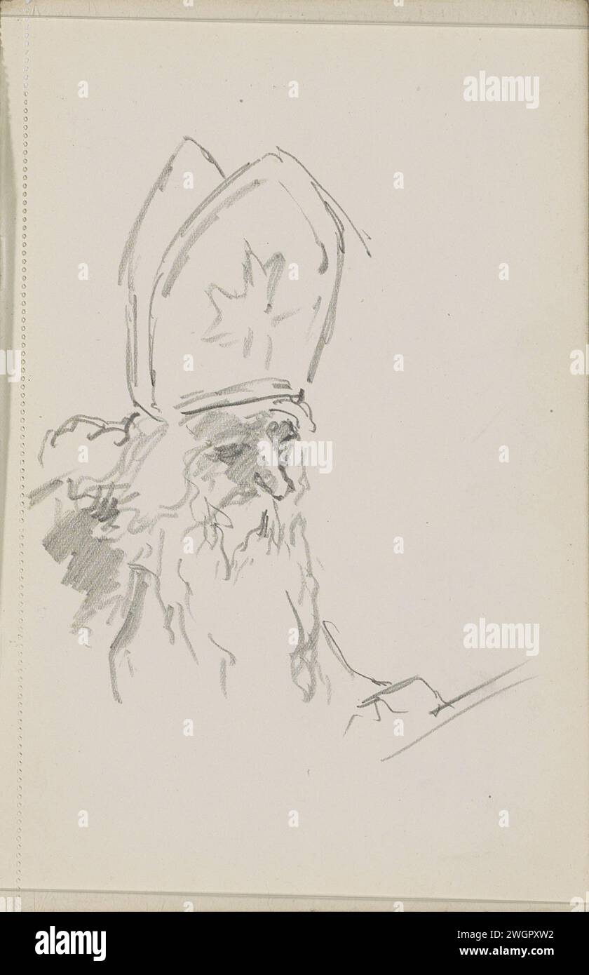 Sint Nicolaas, 1890 - 1946 Seite 14 Recto aus einem Skizzenbuch mit 61 Blättern. Papier. Bleistift der Bischof Nikolaus von Myra (oder Bari); mögliche Attribute: Anker, Boot, drei goldene Kugeln (auf einem Buch), drei Geldbörsen, drei Kinder in einer Badewanne, drei Mädchen Stockfoto
