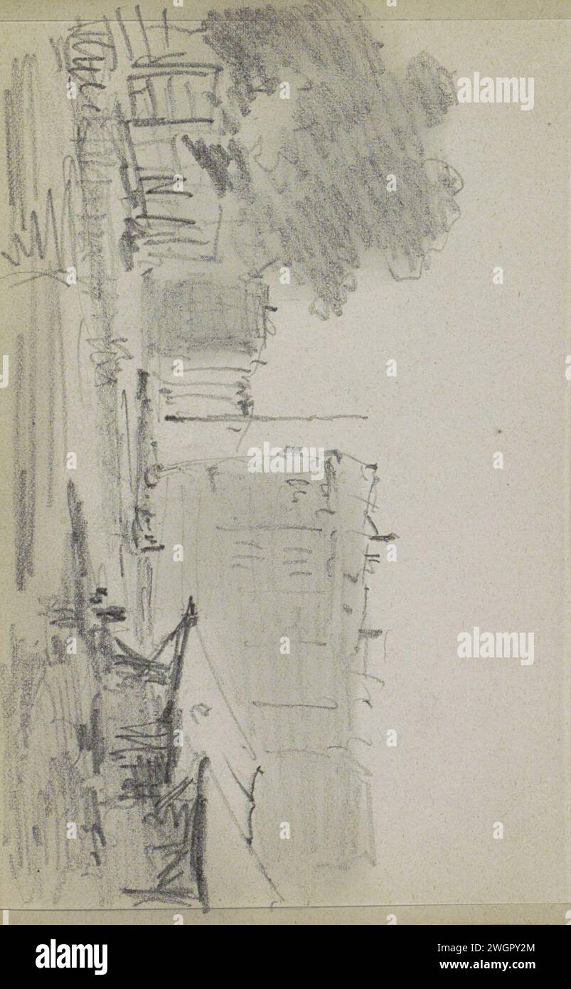 Blick auf die Gebäude, Adrianus Everssen, ca. 1828 - 1897 Blick auf die Gebäude, wahrscheinlich am Wasser. Vielleicht ein Segelschiff in der Mitte. Blatt 36 Verso aus einem Skizzenbuch mit 58 Blättern. Niederlande Papier. Bleistiftarchitektur; Gebäude; Wohnungen Stockfoto