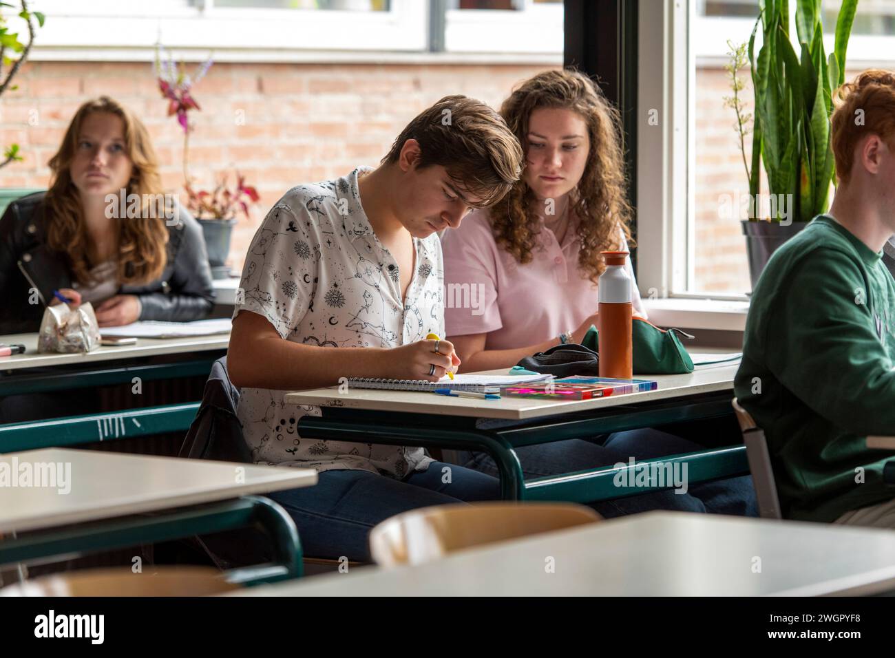 Gemischte Nationalität Schüler in einem europäischen Klassenzimmer studieren Stockfoto