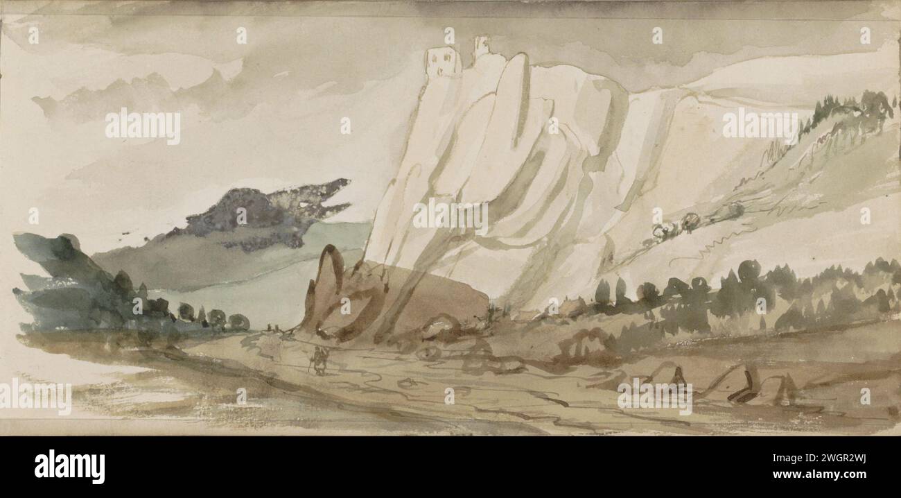 Berglandschaft mit Felsen, 1840 Seite 8 Recto aus einem Skizzenbuch mit 63 Blättern. Schwarzburger Papier (möglicherweise). Aquarell (Farbe). Bleistiftpinsel Berge. Rollt Stockfoto