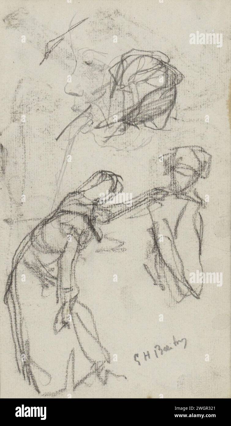 Figurenstudien, 1882 Zeichnung unter anderem, eine sich beugende Frau und ein Gesicht, im Profil. Rotterdam Papier. Kreide. Bleistift-Biegefigur - AA - weibliche menschliche Figur. Gesicht (+ Seitenansicht, Profil) Stockfoto