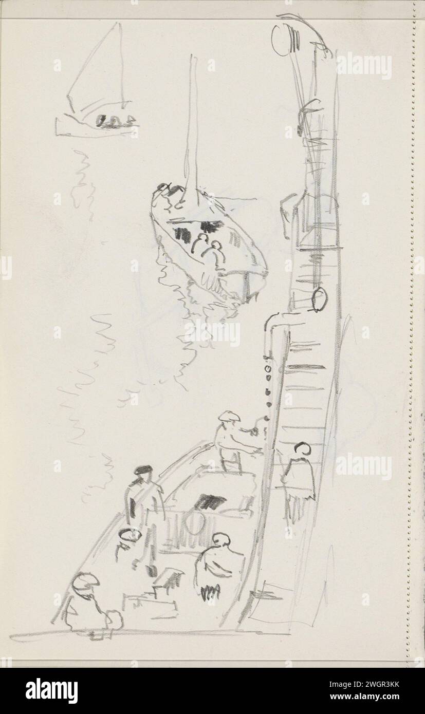 Figuren auf dem Deck eines Schiffes, ca. 1935 - ca. 1936 zwei Segelboote fahren vor dem Schiff. Blatt 54 Verso aus einem Skizzenbuch mit 73 Blättern. Papier. Bleistiftteile an der Außenseite des Schiffes (DECK) Stockfoto