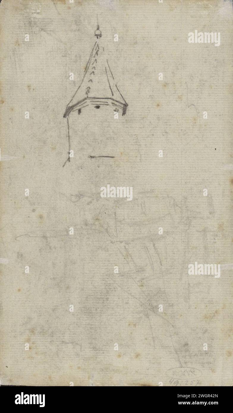 Flankierender Turm der Grote Kerk in Gorinchem, 1882 Zeichnung Amsterdamer Papier. Kreideteile der Kirche außen und Nebengebäude: tower Big Church Stockfoto