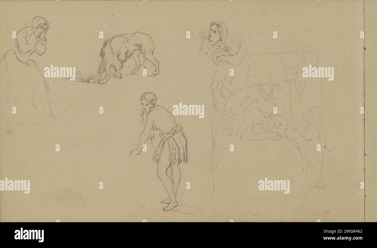 Arbeitsblatt mit Frauen, Mädchen und Hunden, ca. 1840 - ca. 1860 Blatt 31 Verso aus einem Skizzenbuch mit 38 Blättern. Papier für niedrige Länder. Bleistifthund. Erwachsene Frau. Mädchen (Kind zwischen Kleinkind und Jugend) Stockfoto