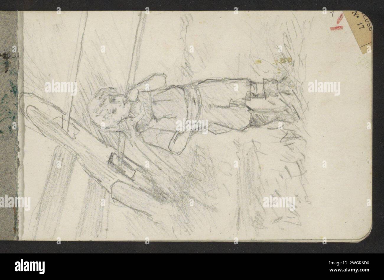 Stehendes Kind an einem Zaun, ca. 1869 das Kind reicht mit der linken Hand zum Mund. Seite 1 aus einem Skizzenbuch mit 36 Blättern. Papier. Bleistiftkind. Zaun, Wand, Blässe. Hand(n) zum Mund hin Stockfoto