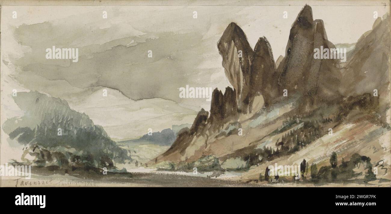 Berglandschaft in Thüringen, 1840 Seite 7 Recto aus einem Skizzenbuch mit 63 Blättern. Schwarzes Schlosspapier. Aquarell (Farbe). Bleistiftpinsel Berge Stockfoto