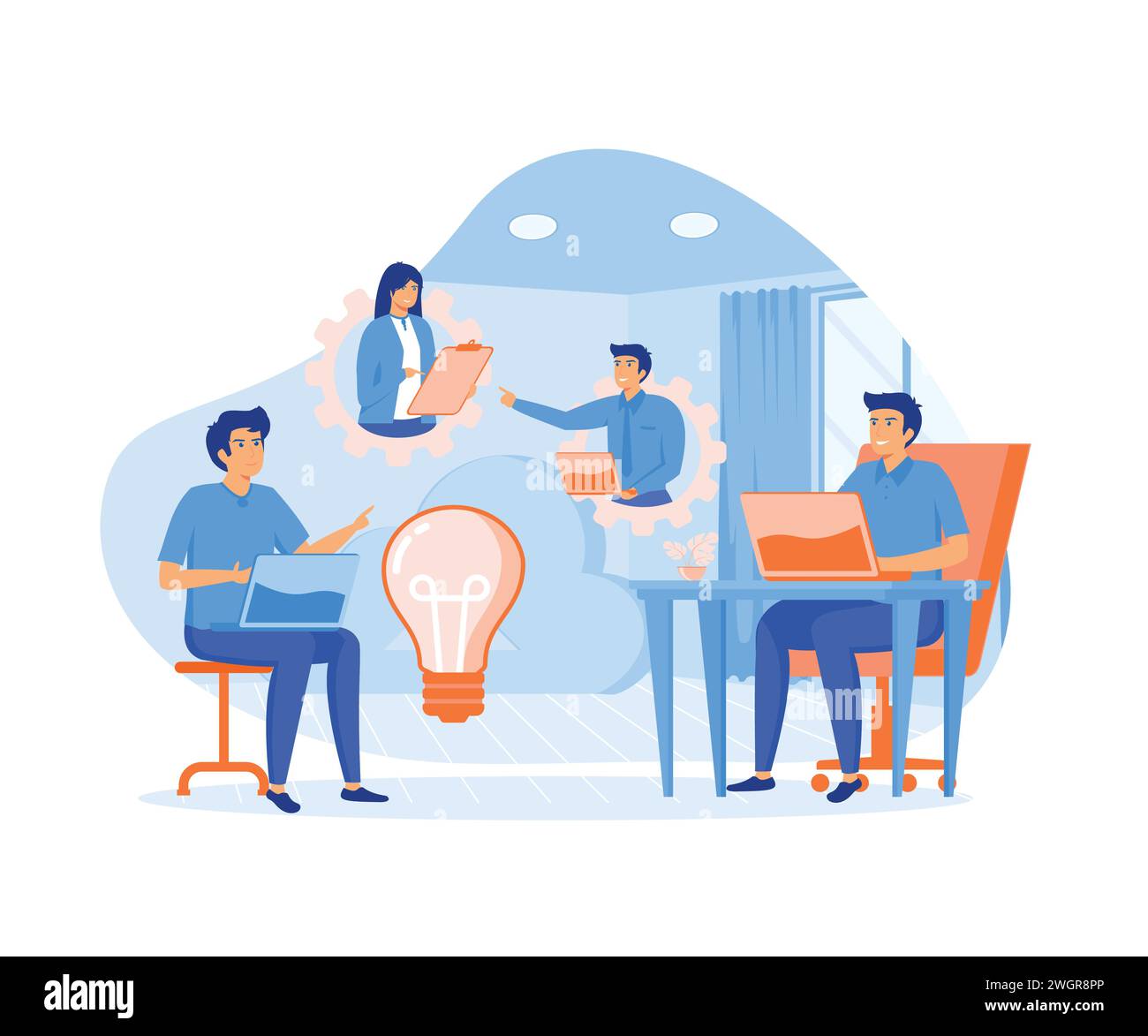 Teamwork von Benutzern, die über Cloud-Computing und Glühbirnen verbunden sind. Moderne Illustration des flachen Vektors. Moderne Illustration des flachen Vektors Stock Vektor