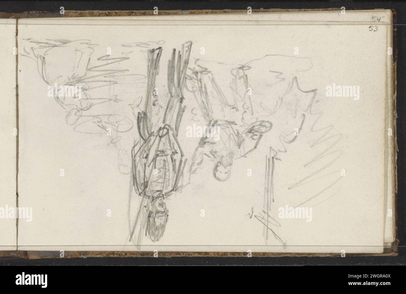 Kniende Figuren bei einem Soldaten, 1819 - 1849 der Soldat trägt wahrscheinlich ein Banner. Ein Kreuz im Hintergrund. Seite 53 Recto aus einem Skizzenbuch mit 60 Blättern. Papier. Bleistift für den Soldaten, das Leben des Soldaten. Der Soldat, das Leben des Soldaten. Kruzifix  persönliche Hingabe Stockfoto