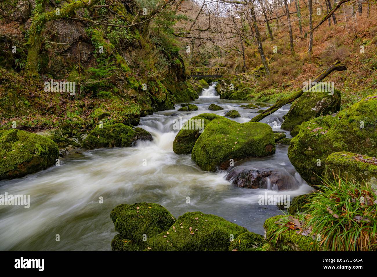 Der Afon Dwyryd River im Eryri Nationalpark (Snowdonia) zwischen Blaenau Ffestiniog und Maentwrog Stockfoto