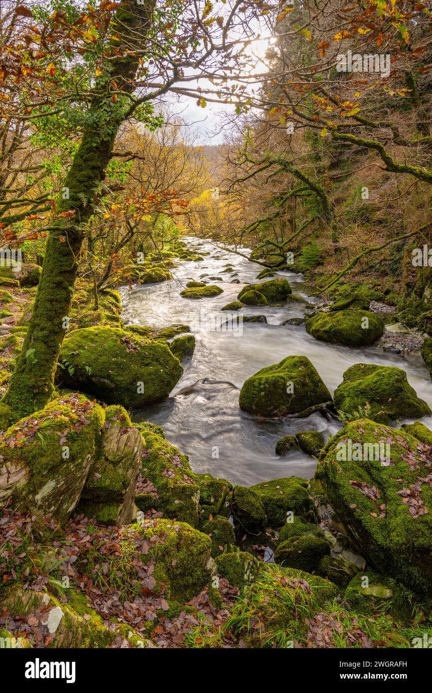 Der Afon Dwyryd River im Eryri Nationalpark (Snowdonia) zwischen Blaenau Ffestiniog und Maentwrog Stockfoto