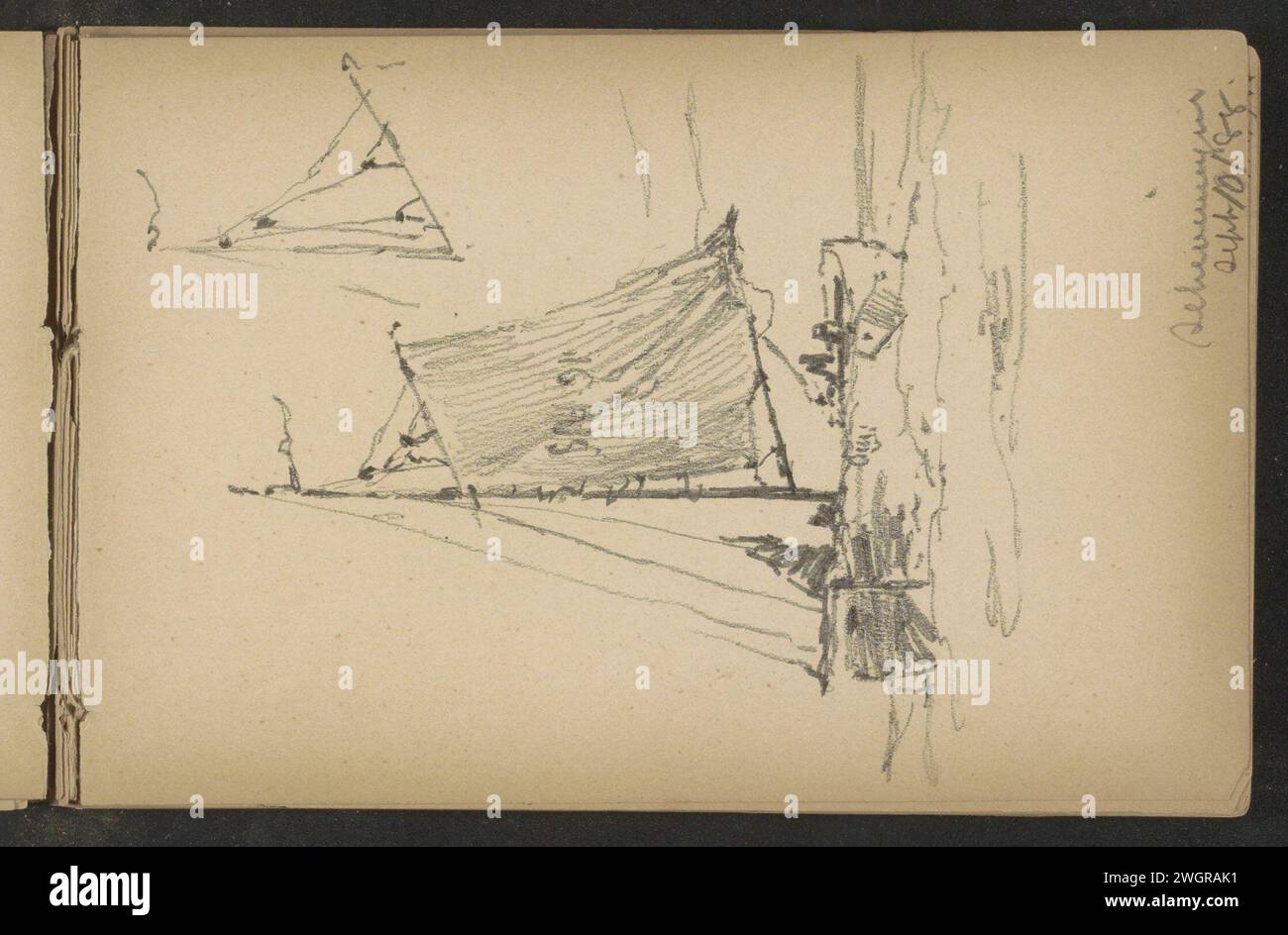 Segelboot vor der Küste von Scheveningen, 1888 auch eine Studie eines Mastes. Seite 9 Recto aus einem Skizzenbuch mit 34 Blättern. Scheveninger Papier. Bleistift-Segelschiff, Segelboot. Landschaften mit Wasser, Wasserlandschaften, Meereslandschaften (im gemäßigten Bereich) Scheveningen Stockfoto